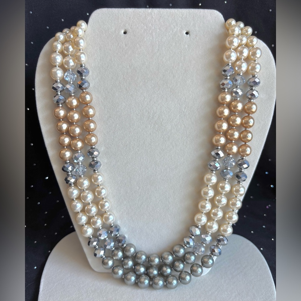 Triple Strand Pearl Necklace in White, Champagne & Silver